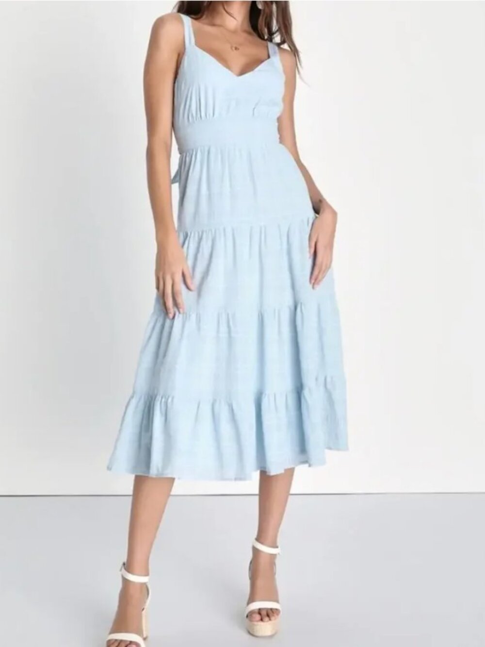 Lulus Freest Feelings Light Blue Plaid Tiered Tie-Back Midi Dress Medium